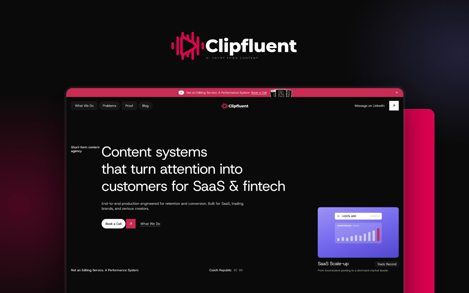 Clipfluent website on a laptop: short-form video agency website designed by Webship