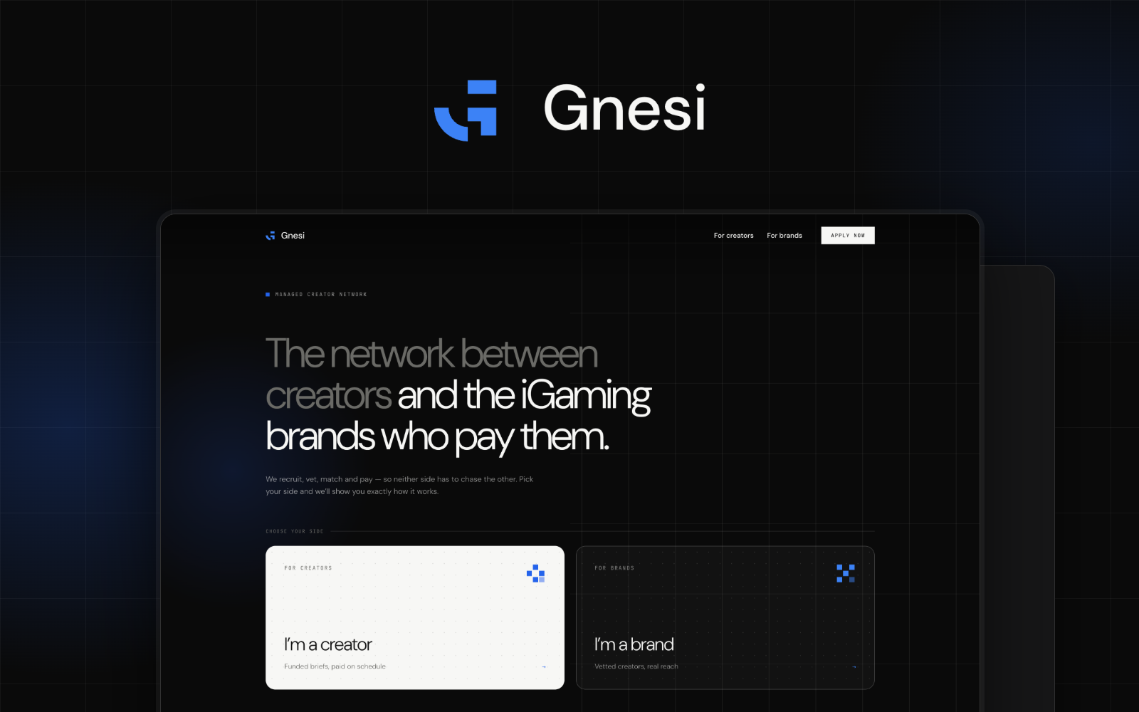 Gnesi homepage scrolling: B2B iGaming creator network website designed by Webship