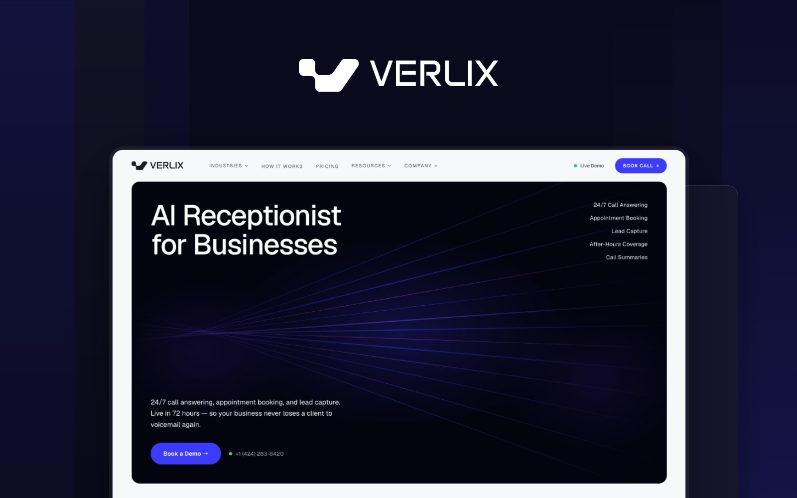 Verlix homepage scrolling: AI receptionist website designed by Webship